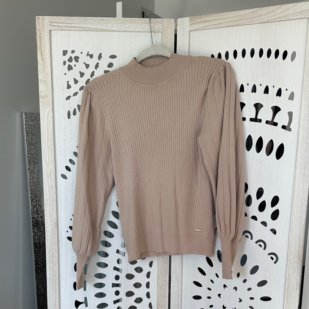 T Tahari Taupe Ribbed Turtleneck Sweater
